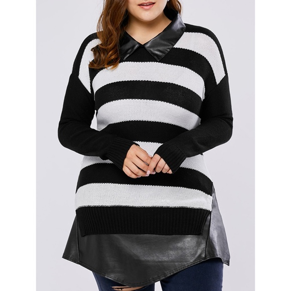 Plus Size Sweater w/ Vegan Leather Collar & Hem - Picture 1 of 8